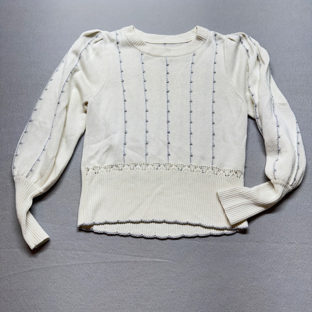 Cream Puff Sleeve Knit Sweater Silver Metallic Bobble Pointelle Detail